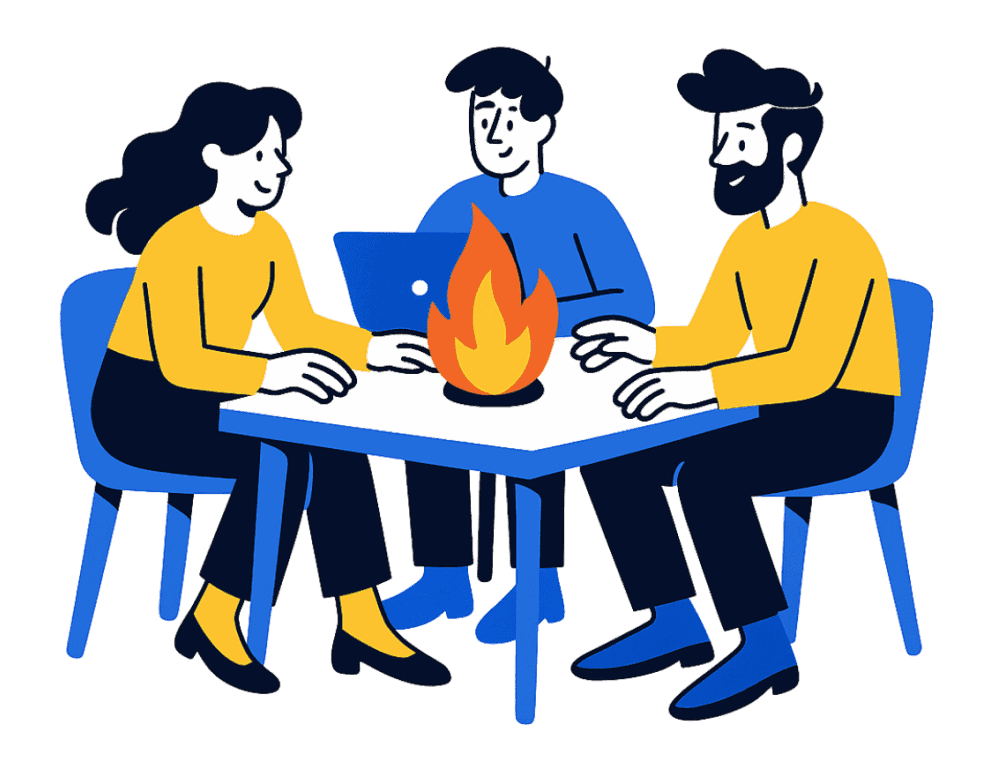 people at the table analyzing a fire